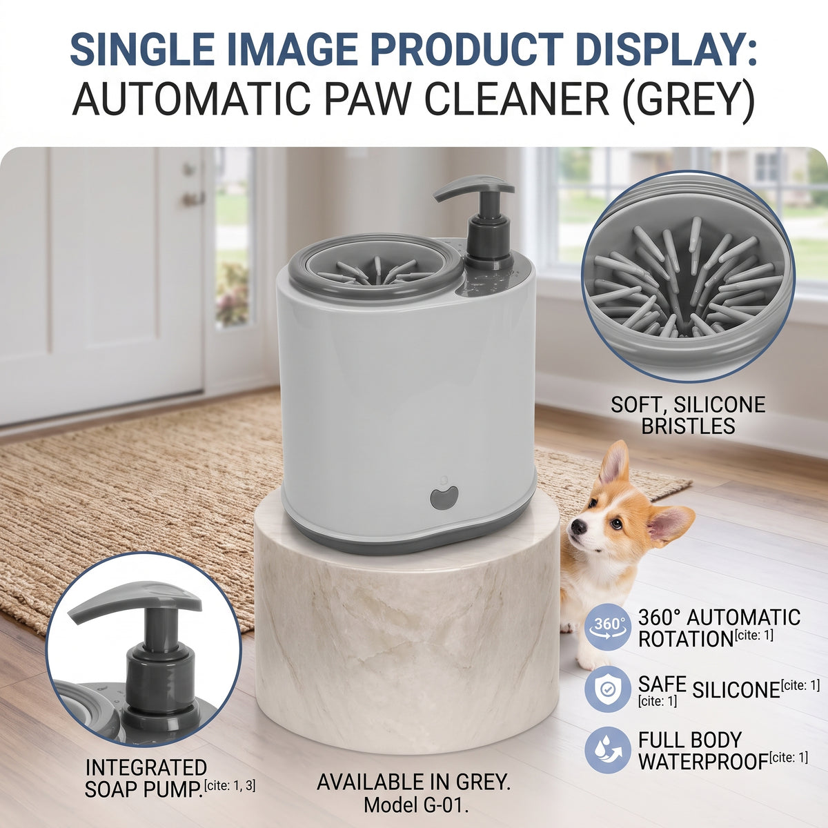 Cleaning a muddy dog paw with the MuddyMate one-button paw washer